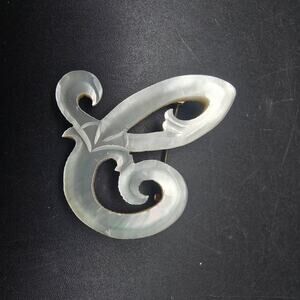 Carved Mother of Pearl Brooch Letter E Initial Vintage C Clasp